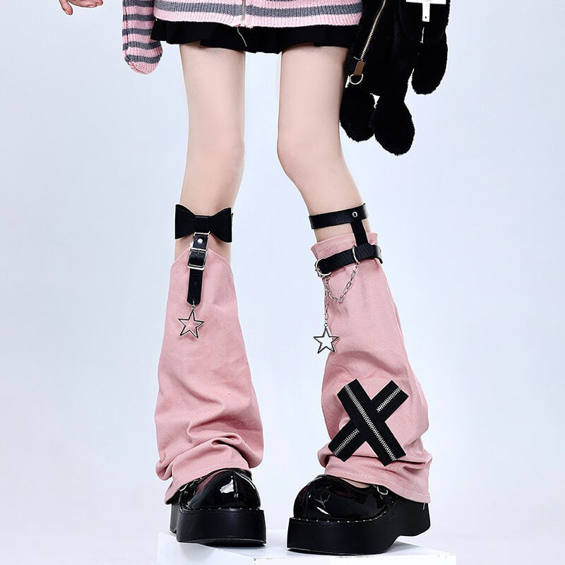 Zipper Cross Patchwork Leg Warmers With Star Chain Loops