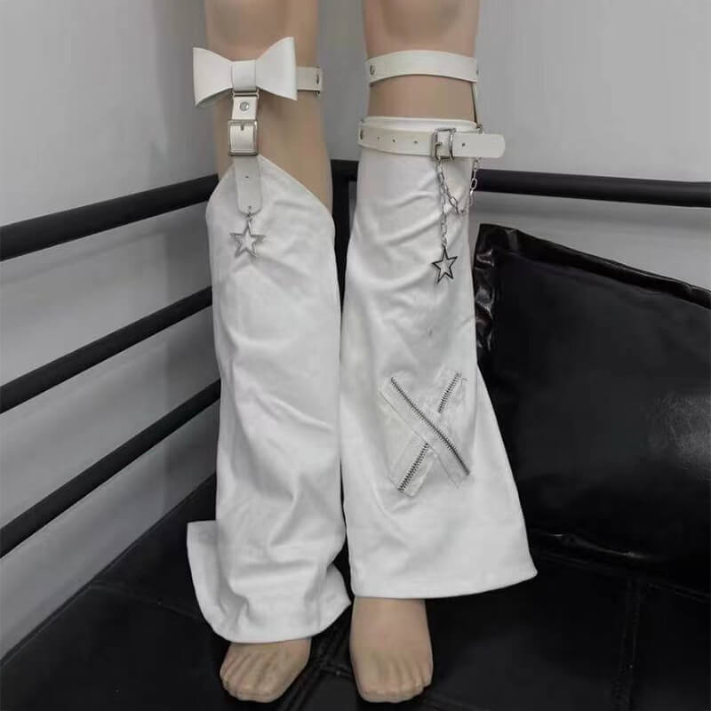 Zipper Cross Patchwork Leg Warmers With Star Chain Loops