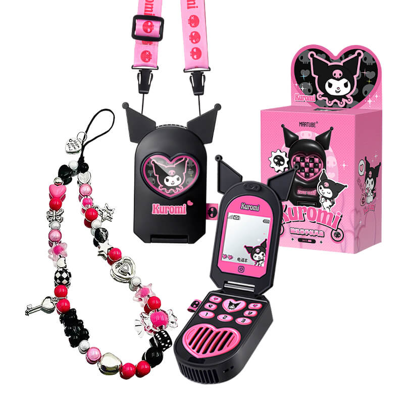 Y2K-kuromi-flip-phone-shape-fan-with-heart-beads-phone-strap