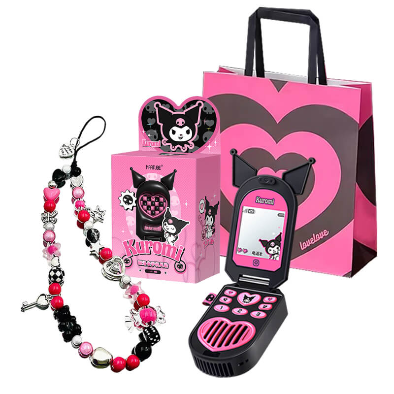 Y2K-kuromi-flip-phone-shape-fan-with-heart-pattern-print-gift-bag-and-beads-phone-strap