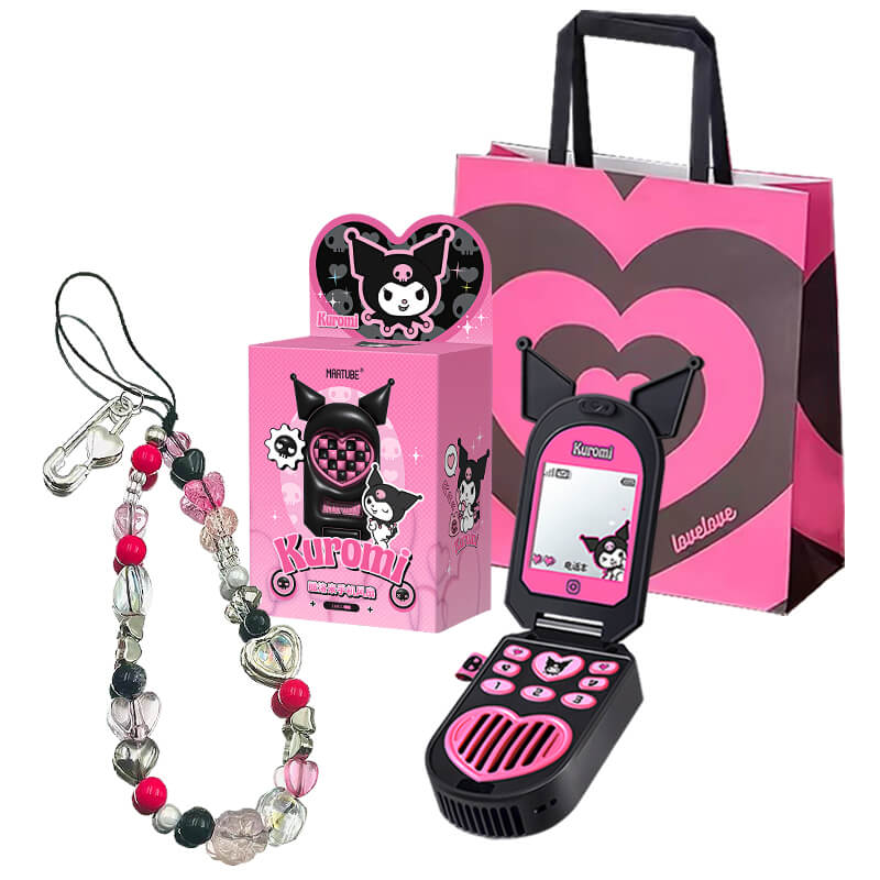 Y2K-kuromi-flip-phone-shape-fan-with-heart-pattern-print-gift-bag-and-y2k-beads-phone-strap