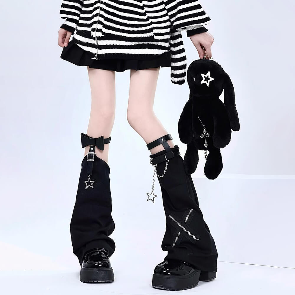 Zipper Cross Patchwork Leg Warmers With Star Chain Loops