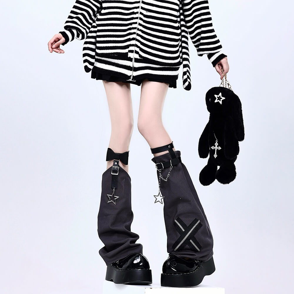 Zipper Cross Patchwork Leg Warmers With Star Chain Loops