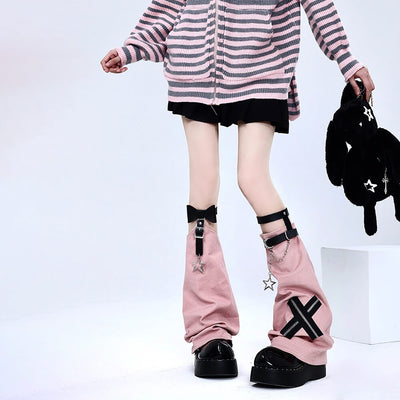 Zipper Cross Patchwork Leg Warmers With Star Chain Loops