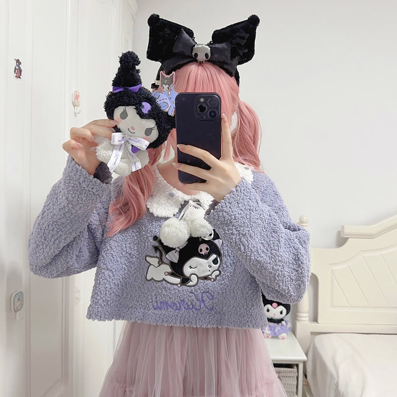 cheeky-but-charming-blinking-kuromi-purple-cropped-pom-pom-sweater