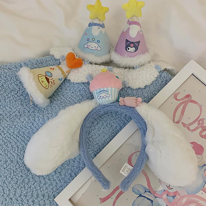 cinnamoroll-birthday-party-headband-with-long-fluffy-ears-and-cupcake-candies-and-sanrio-party-hats
