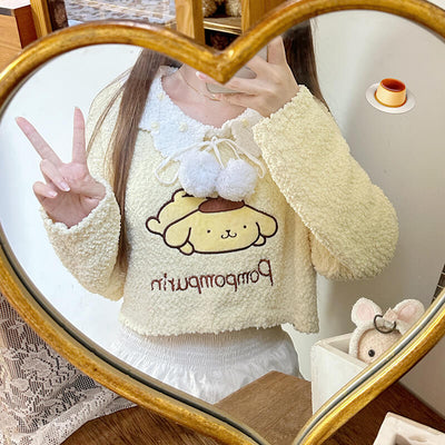 cute-girl-in-heart-mirror-wearing-with-pompompurin-yellow-cropped-pom-pom-sweater