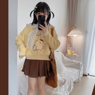 cute-girly-yellow-brown-outfit-pompompurin-jacquard-sweater