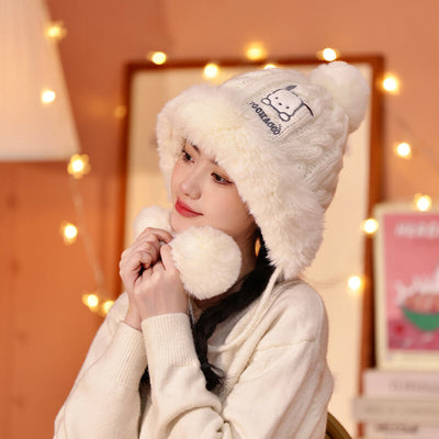 cute-sanrio-pochacoo-white-knitted-furry-beanie-hat-with-pom-pom-balls