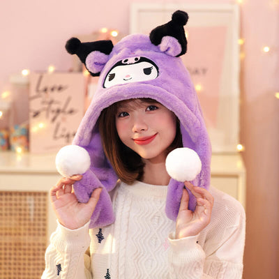 cute-warm-kuromi-baku-friend-plush-hat-with-pompom-purple