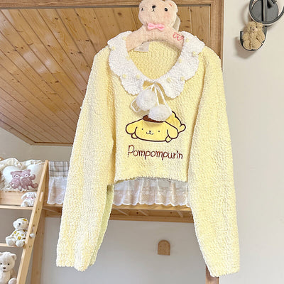 cute-yellow-cartoon-pompompurin-embroidery-collar-sweater-hanging-on-a-flluffy-bear-shelf