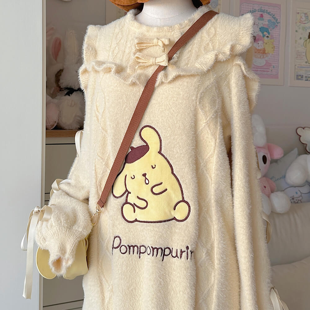 details-display-pompompurin-embroidery-frilled-neck-bow-details