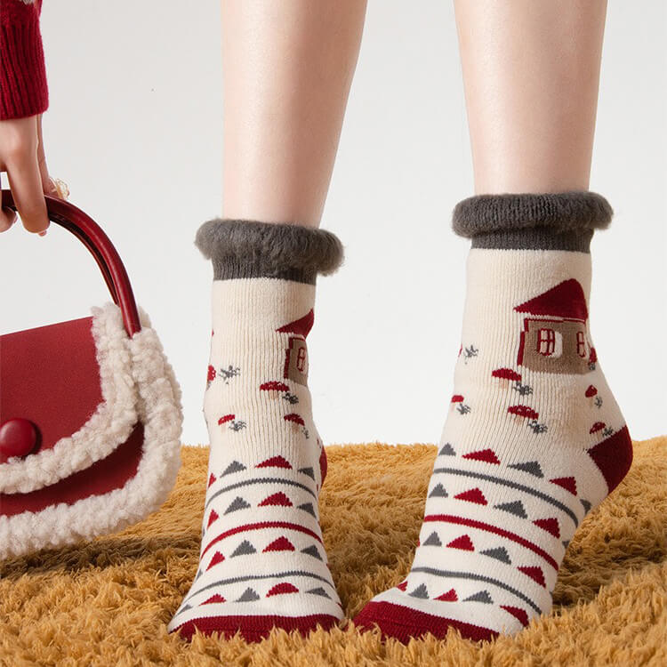 Red Christmas Fluffy Warm Home Sleeping Floor Socks