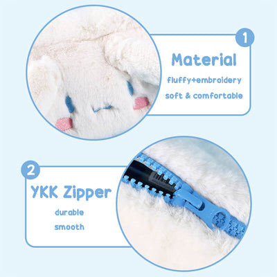 features-of-the-cinnamoroll-pen-case-soft-comfortable-fluffy-material-embroidery-face-and-ykk-zipper-details