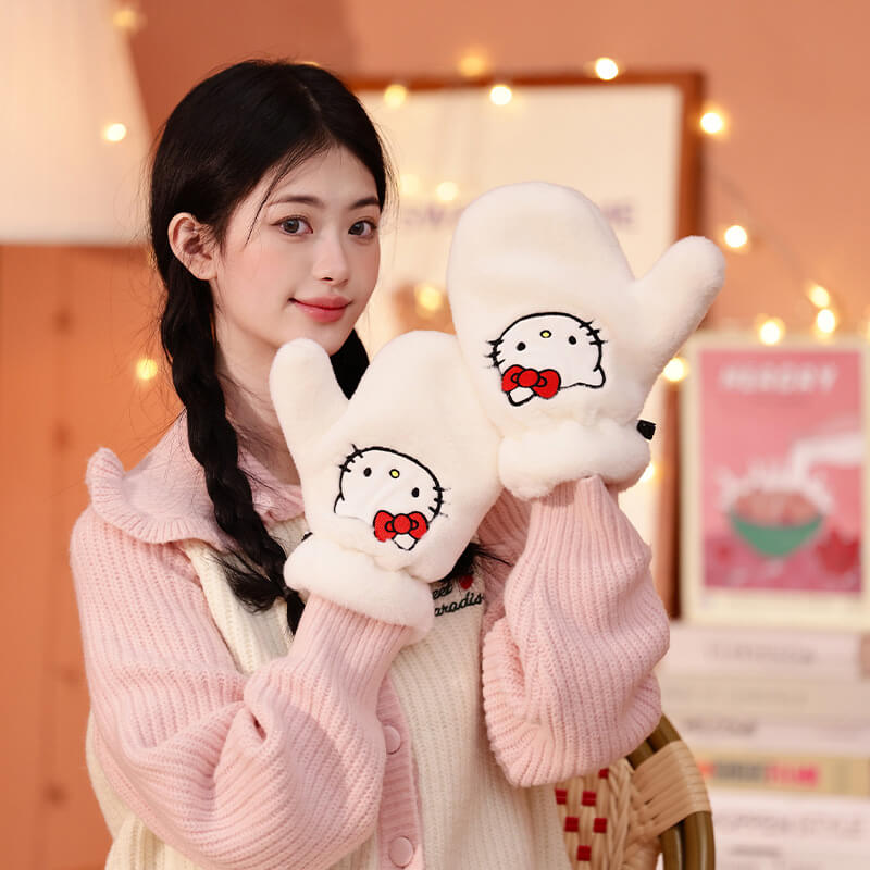 Hello Kitty White Fluffy Mittens Kitty Mittens