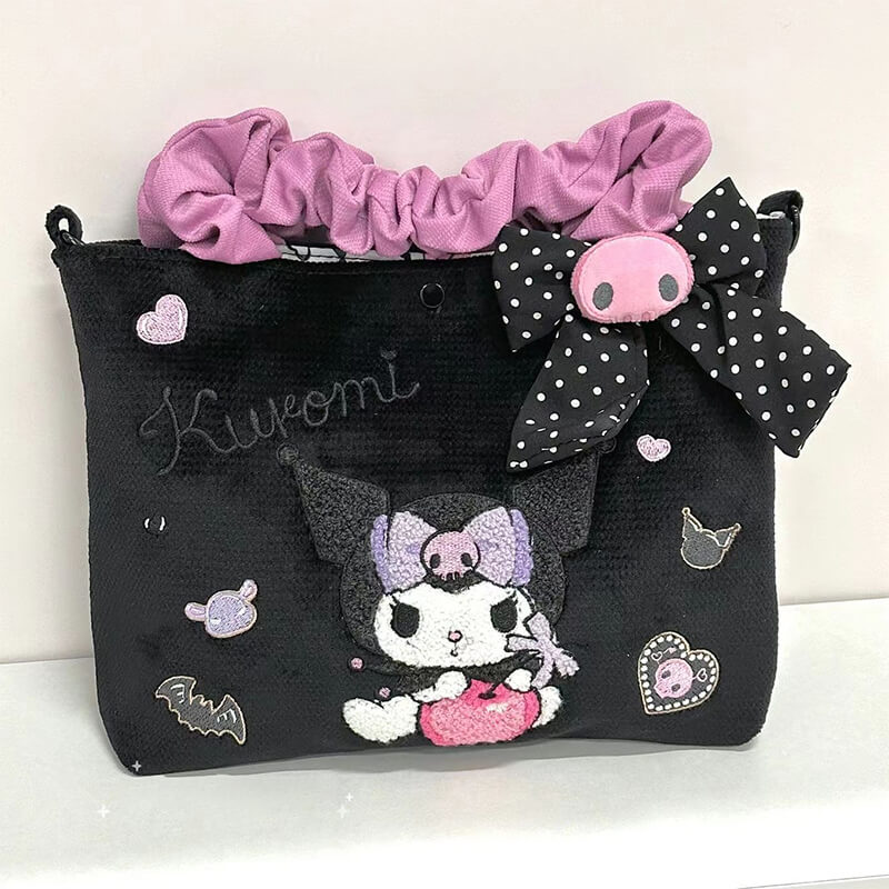 japanese-sanrio-kuromi-cherry-bow-towel-embroidery-tote-bag-black