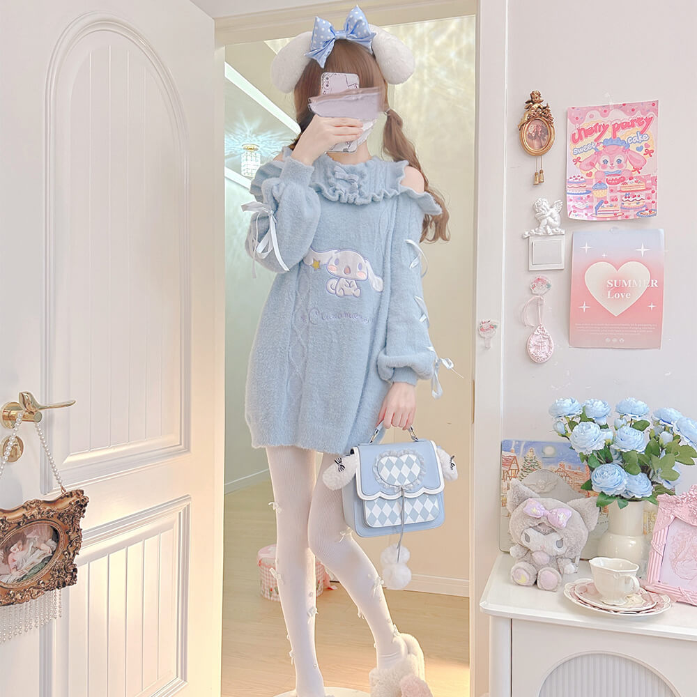 Cinnamoroll Cold Shoulder Sweater Dress with Ribbons - Sanrio Collaboration KawaiiEnvy Cinnamoroll Cold Shoulder Sweater Dress with Ribbons - Sanrio Collaboration KawaiiEnvy