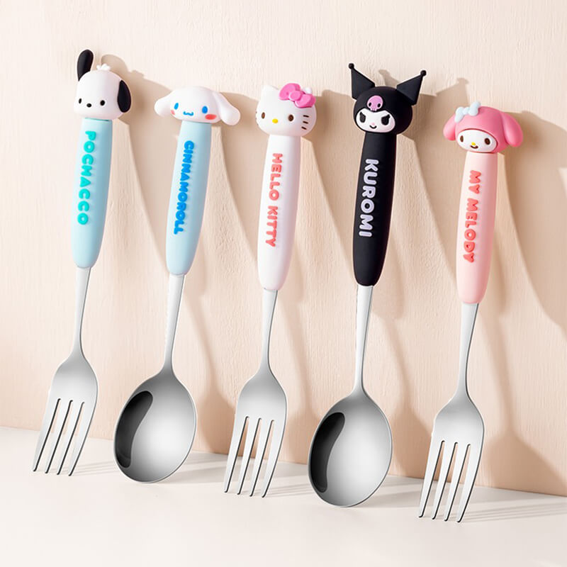 kawaii-aesthetic-sanrio-character-silicone-handle-stainless-steel-cutlery-set-pochacco-cinnamoroll-hello-kitty-kuromi-my-melody