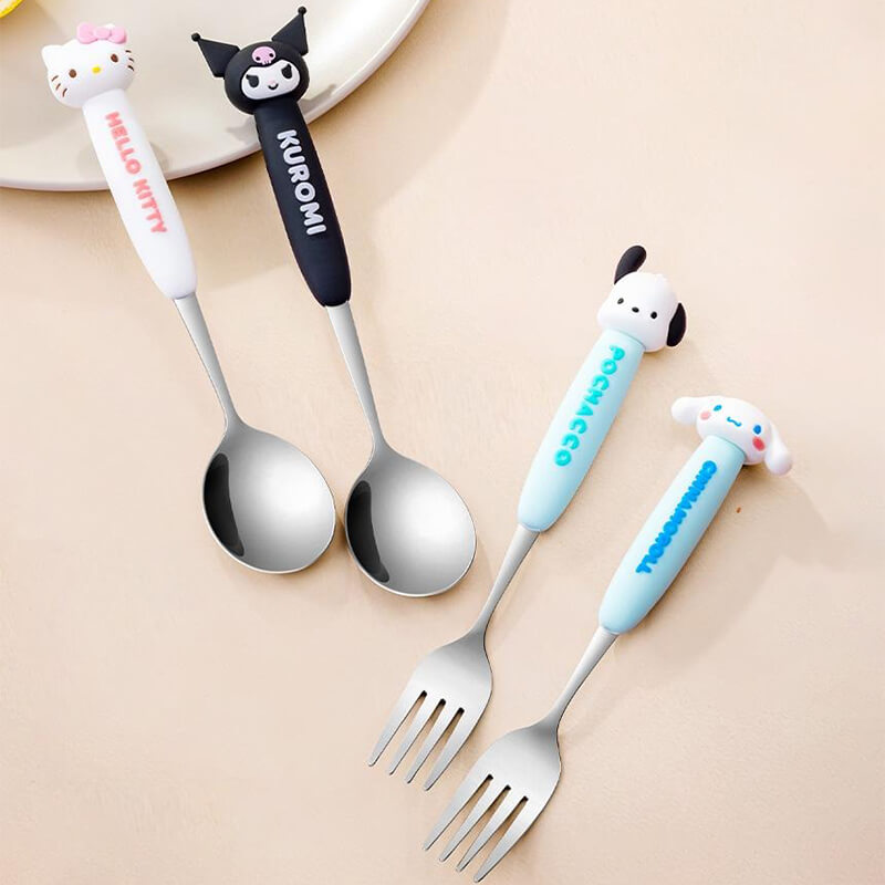 kawaii-aesthetic-sanrio-character-silicone-handle-stainless-steel-flatware-set