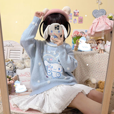 kawaii-cinnmoroll-outfit-blue-cinnmoroll-pompom-sweater-white-lace-skirt-and-cinnamoroll-phone-case