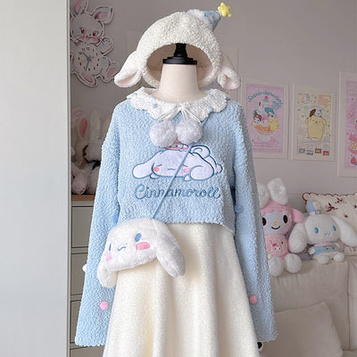 kawaii-cute-cinnamoroll-autumn-winter-ootd-styled-with-blue-cinnamoroll-sweater-white-skirt-cinnamoroll-fluffy-crossbody-bag-and-white-lamb-beret