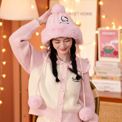 kawaii-sanrio-hello-kitty-pink-knitted-furry-beanie-hat-with-pom-pom-balls