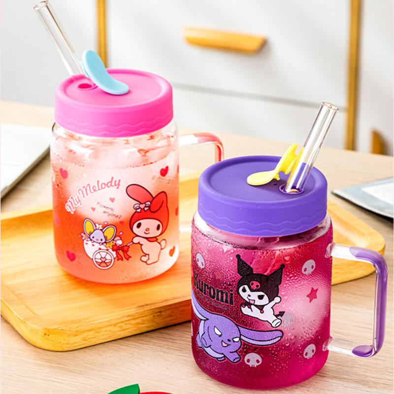 kuromi-and-my-melody-glass-cups-with-lid-straw-and-handle-holding-cold-beverage