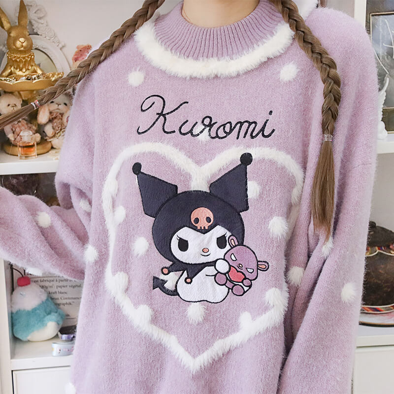 Kuromi Baku Heart Pom Pom Loose Sweater KawaiiEnvy kuromi-baku-heart-pom-pom-loose-sweater-kawaiienvy