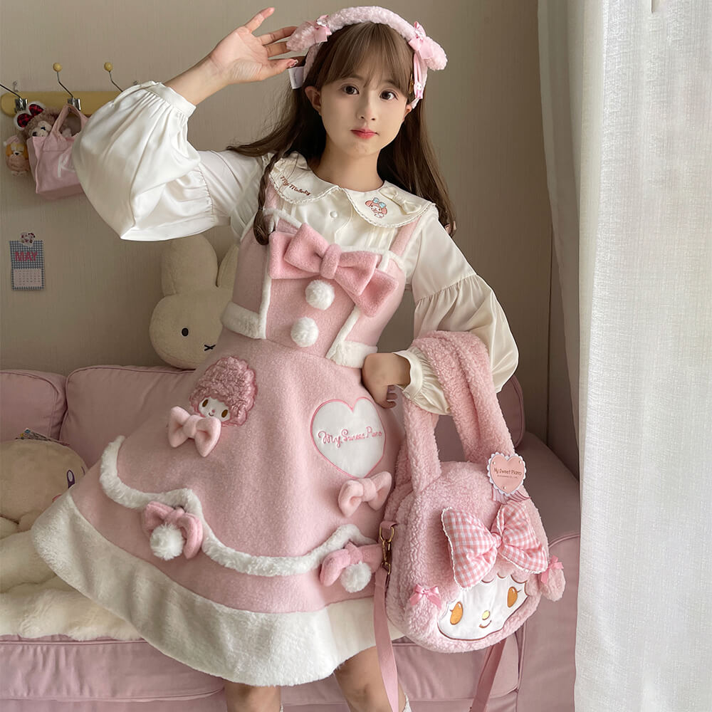 My Sweet Piano Woolen JSK Dress with Pompom Bowknot - Sanrio Collaboration KawaiiEnvy My Sweet Piano Woolen JSK Dress with Pompom Bowknot - Sanrio Collaboration KawaiiEnvy