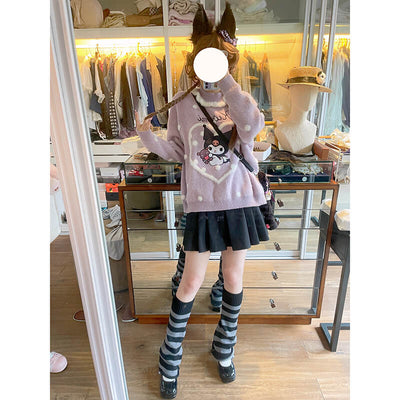 pretty-girl-look-styled-by-purple-kuromi-pompom-sweater-and-black-mini-skirt-and-striped-leg-warmers