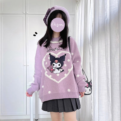 purple-kuromi-baku-heart-loose-sweater-with-pom-pom-decor