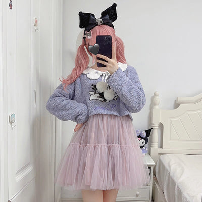 purple-kuromi-crop-sweater-styled-with-pink-gauze-skirt-and-black-kuromi-headband
