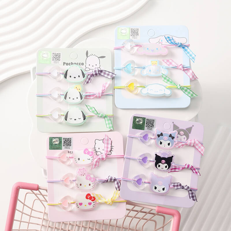 sanrio-authorized-cinnamoroll-kuromi-pochacco-hello-kitty-face-heart-shaped-beads-hair-elastics-3pcs-set