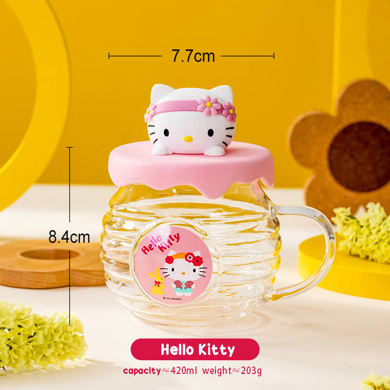 Honey Jar Design Glass Cup with Sanrio Character Lid 420ml Hello Kitty 420ml