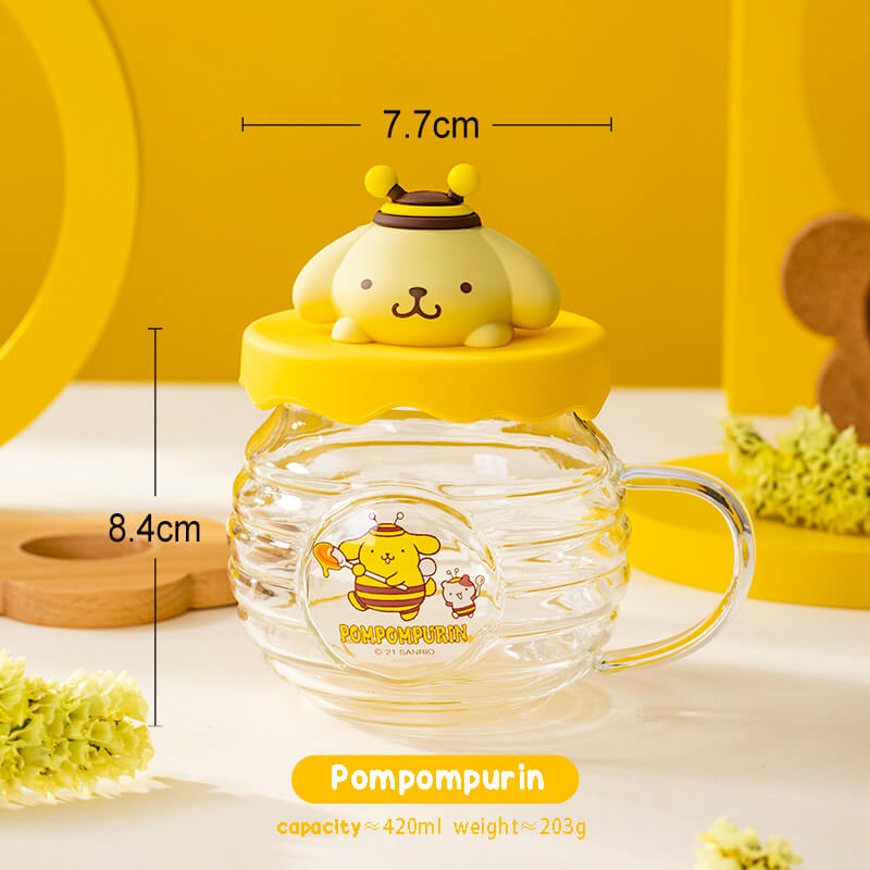 sanrio-authorized-honey-jar-design-glass-cup-with-pompompurin-lid-yellow-420ml