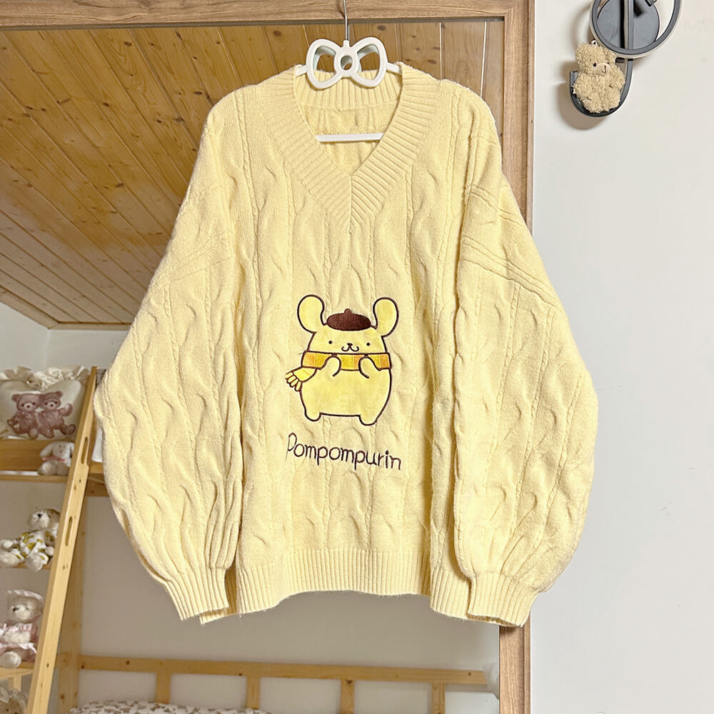 sanrio-authorized-yellow-pompompurin-v-neck-drop-shoulder-puff-sleeve-knitted-sweater