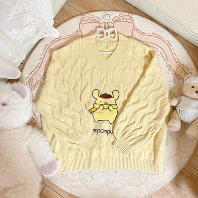 sanrio-collaboration-pompompurin-v-neck-drop-shoulder-knitted-sweater