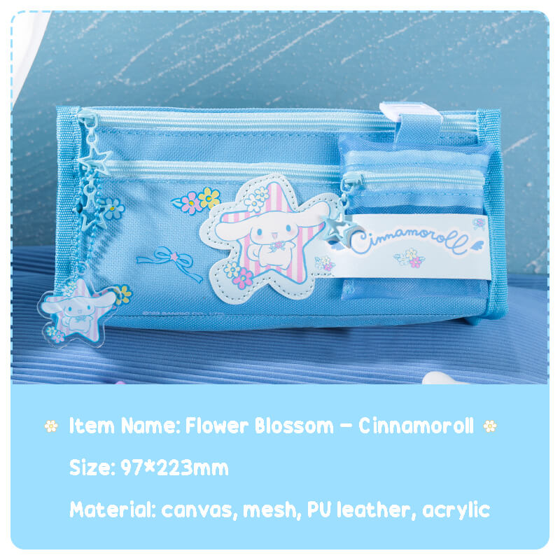 sanrio-flower-blossom-series-kawaii-blue-large-capacity-canvas-pencil-case-with-cinnamoroll-acrylic-pendant