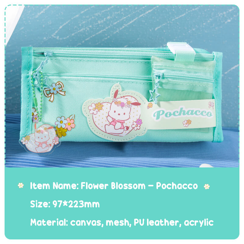 sanrio-flower-blossom-series-kawaii-green-large-capacity-canvas-pencil-case-with-pochacco-acrylic-pendant