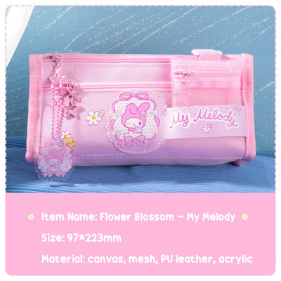 sanrio-flower-blossom-series-kawaii-pink-large-capacity-canvas-pencil-case-with-my-melody-acrylic-pendant