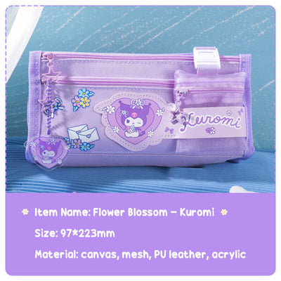 sanrio-flower-blossom-series-kawaii-purple-large-capacity-canvas-pencil-case-with-kuromi-acrylic-pendant