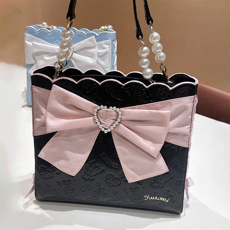sanrio-license-kuromi-embossed-lace-up-pu-ita-handbag-with-pearl-handle-bow-decor