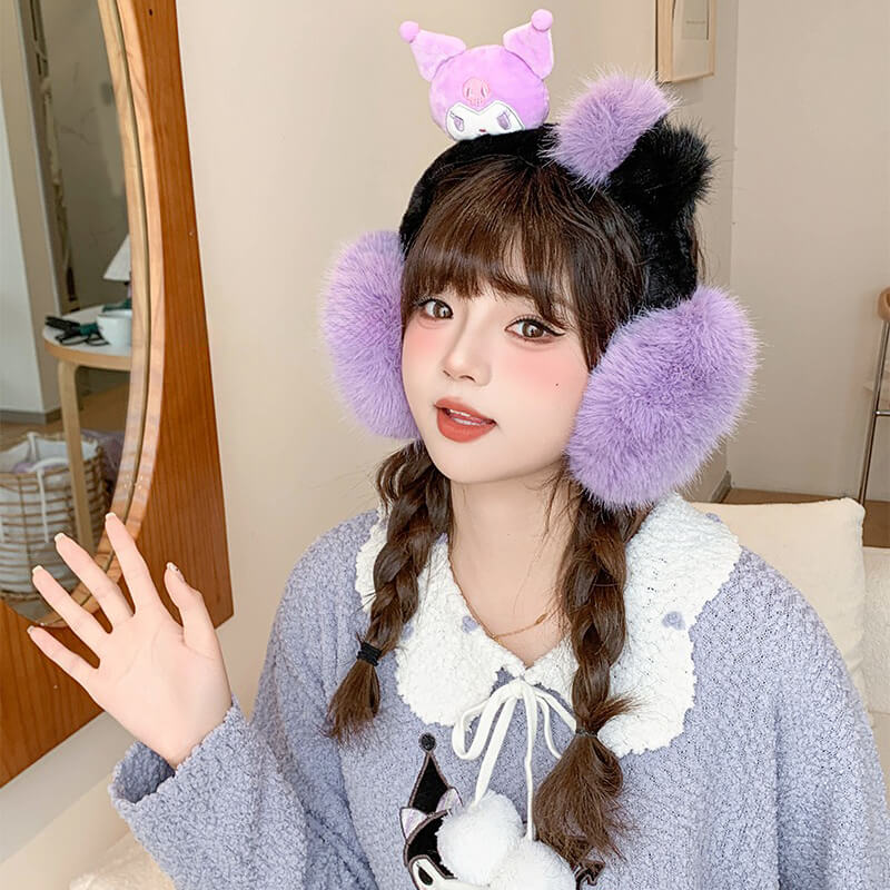 sanrio-license-purple-kuromi-plush-winter-earmuffs-with-pom-poms-decor