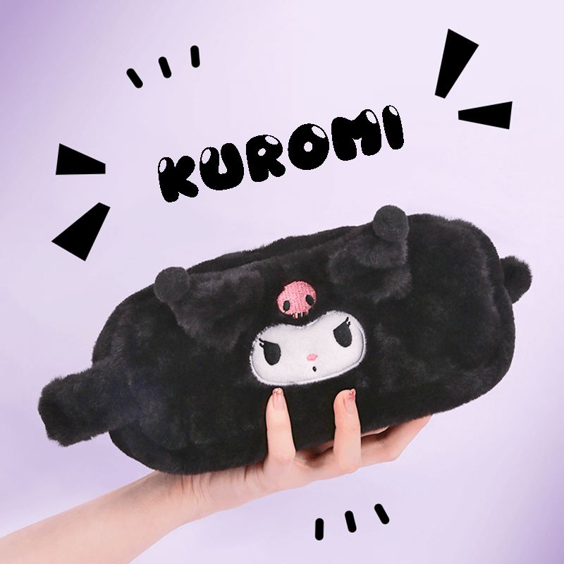 sanrio-licensed-black-fluffy-kuromi-large-capacity-pencil-case-with-handle
