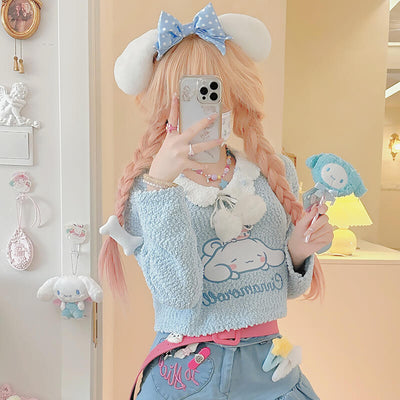 sanrio-licensed-cinnamoroll-blue-cropped-sweater-with-collar-and-pom-pom