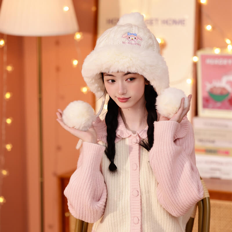 sanrio-licensed-embroidery-my-melody-unisex-white-knitted-hat-with-pom-pom-balls