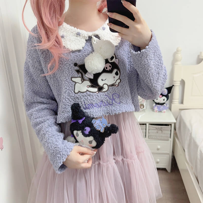 sanrio-licensed-kuromi-purple-cropped-sweater-with-collar-and-pom-pom