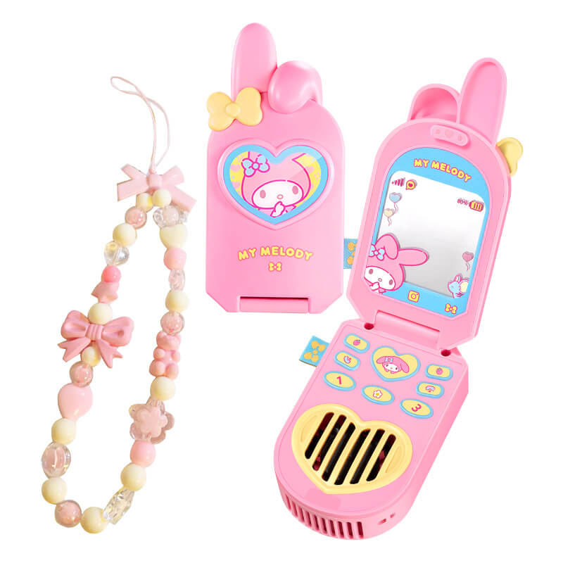sanrio-licensed-pink-my-melody-flip-phone-shaped-fan-with-beaded-bow-phone-strap