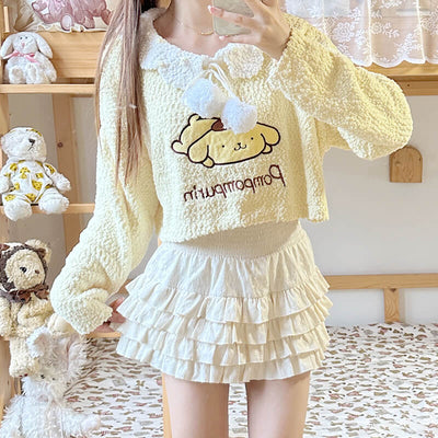 sanrio-licensed-pompompurin-yellow-cropped-pom-pom-sweater-with-collar