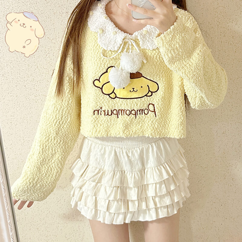 sanrio-licensed-pompompurin-yellow-cropped-sweater-with-collar-and-pom-pom